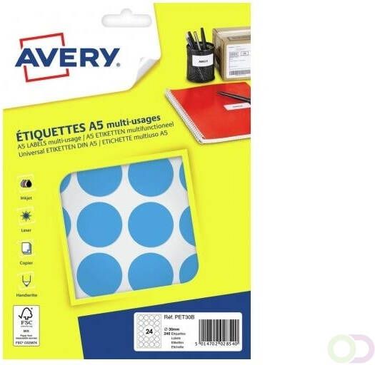 Avery PET30B ronde markeringsetiketten diameter 30 mm blister van 240 stuks lichtblauw